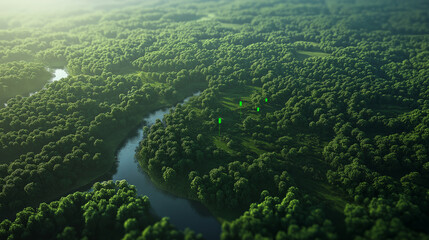 A high-altitude perspective of a lush forest area, with deep green markers on select land plots, connected by subtle, winding lines that mimic the natural flow of the terrain.
