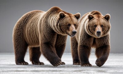 Two brown bears stand next to each other on a white surface