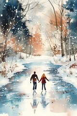 a watercolor card of a skating couple