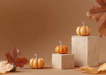 Minimalistic Abstract Background with Wooden Blocks and Pumpkins for Product Presentation. AI generated illustration.