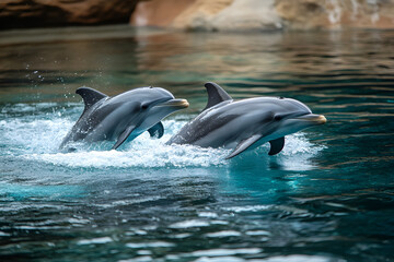 Obraz premium A pair of dolphins swimming in tandem through the water.