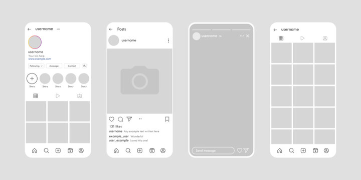 Instagram Social network app UI interface mockup design. Modern social media platform profile story layout template. Vector illustration