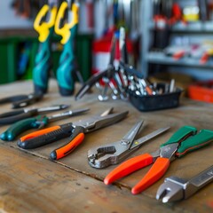 Fototapeta premium A Collection of Metal Scissors and Tools on a Wooden Tabletop