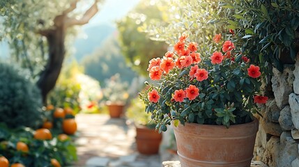 Fototapeta premium A Mediterranean garden with olive trees orange trees and a plant of red geraniums in a terracotta jar in springtime Liguria Italy : Generative AI