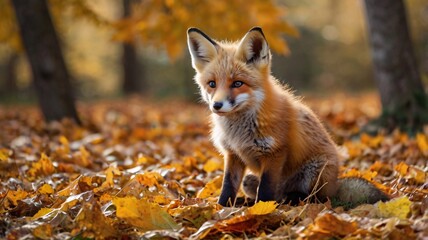 Red Fox Kit in Autumn Leaves.