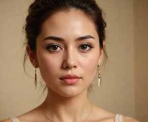 Naklejka premium Elegant woman with soft expression and warm lighting