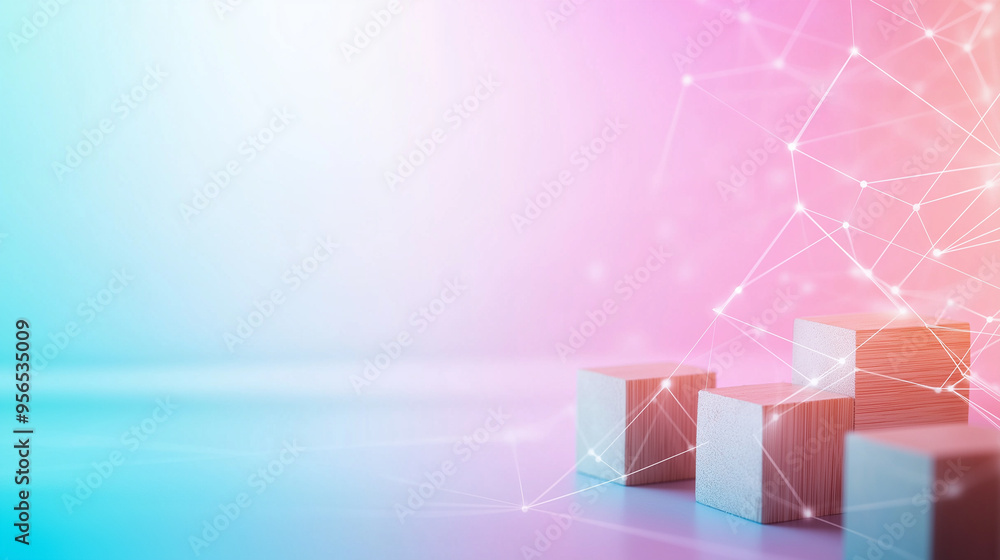 Poster pastel background with a gentle gradient of light pink and sky blue, displaying wooden blocks linked