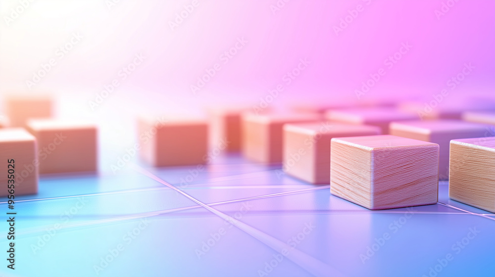 Poster pastel background with a gentle gradient of light pink and sky blue, displaying wooden blocks linked