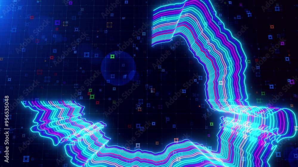 Poster motion view of romania map outlined with neon lines, dynamically glowing on a futuristic grid backgr