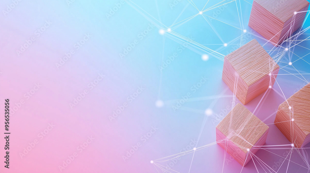 Poster pastel background with a gentle gradient of light pink and sky blue, displaying wooden blocks linked