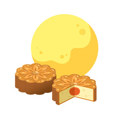 whole and half of mooncakes with full moon isolated on white background. Concept of Mid-Autumn Festival, Chinese traditional dessert, pastry, bakery, baked food, Mooncake festival. Flat vector.