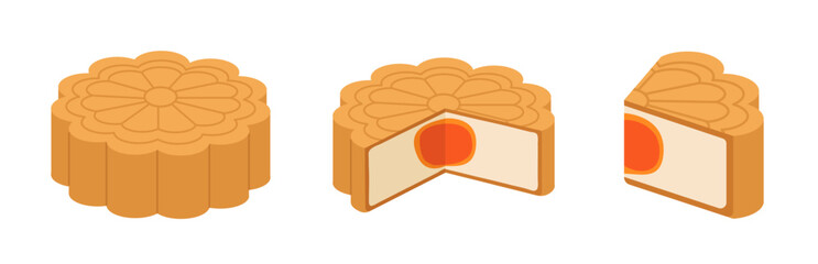 Set of whole, half and a quarter piece of mooncakes isolated on white background for Mid-Autumn Festival. Mooncake festival elements. Concept of Asian's traditional culture, Chinese bakery, sweet.