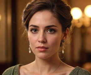 Elegant woman with soft expression and warm lighting