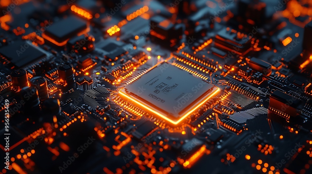 Fototapete concept of technology ai artificial intelligence ai chip ic on board pcb board cpu : generative ai