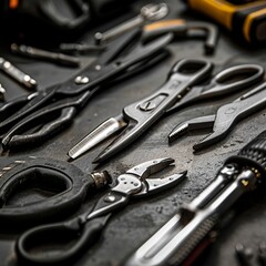 Fototapeta premium A Collection of Metal Scissors and Tools on a Wooden Tabletop