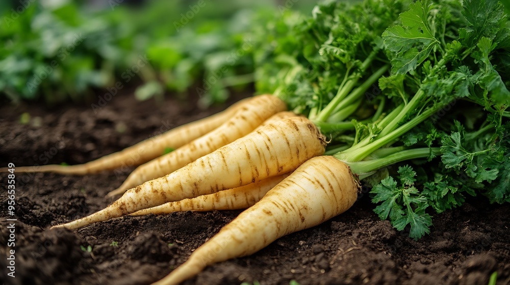 Poster Fresh parsnip roots  Parsnip harvest on an organic farm : Generative AI