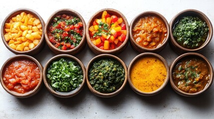 Ethiopian injera with assorted stews on a white background