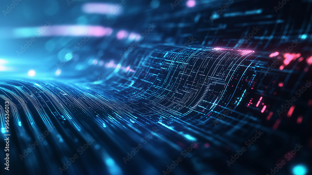 Poster a refined bank logo featuring a holographic wave and embedded digital circuits, symbolizing the flow