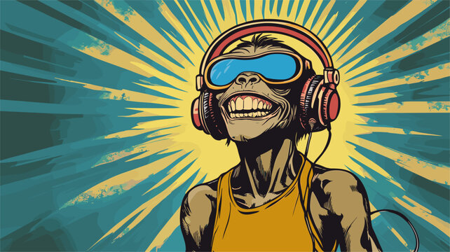 vector monkey in headphones at a rave in yellow and blue colors in pin-up style on a background of rays .Generative AI