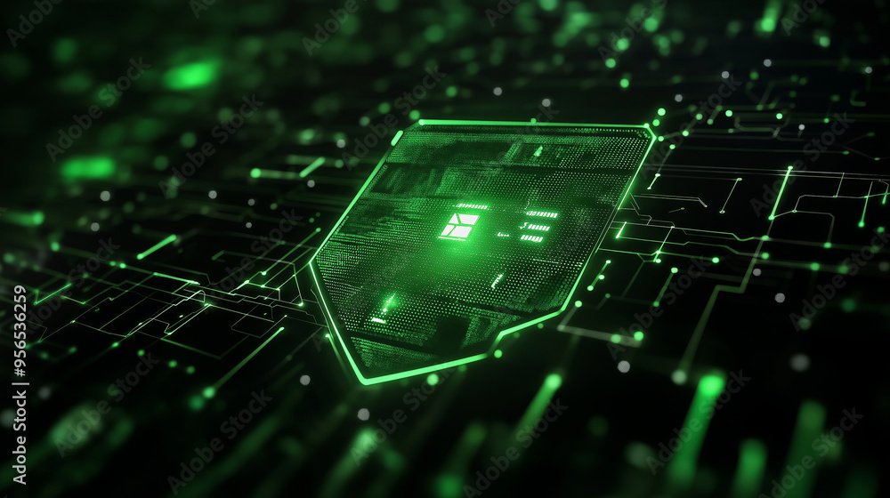 Poster a futuristic digital shield glowing with green energy, representing advanced cybersecurity measures 