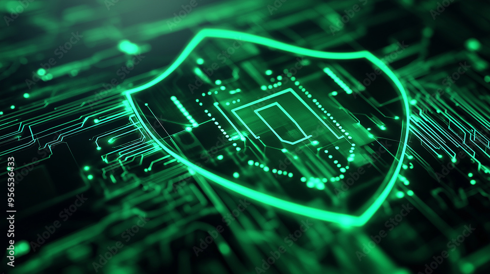 Poster a digital shield with glowing green circuits, illustrating the complex and secure nature of data pro