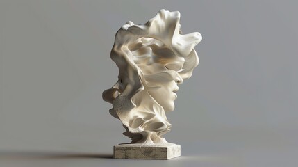 A white, abstract sculpture of a human head on a pedestal.