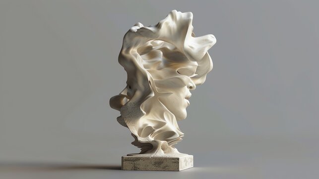 A white, abstract sculpture of a human head on a pedestal. - Powered by Adobe