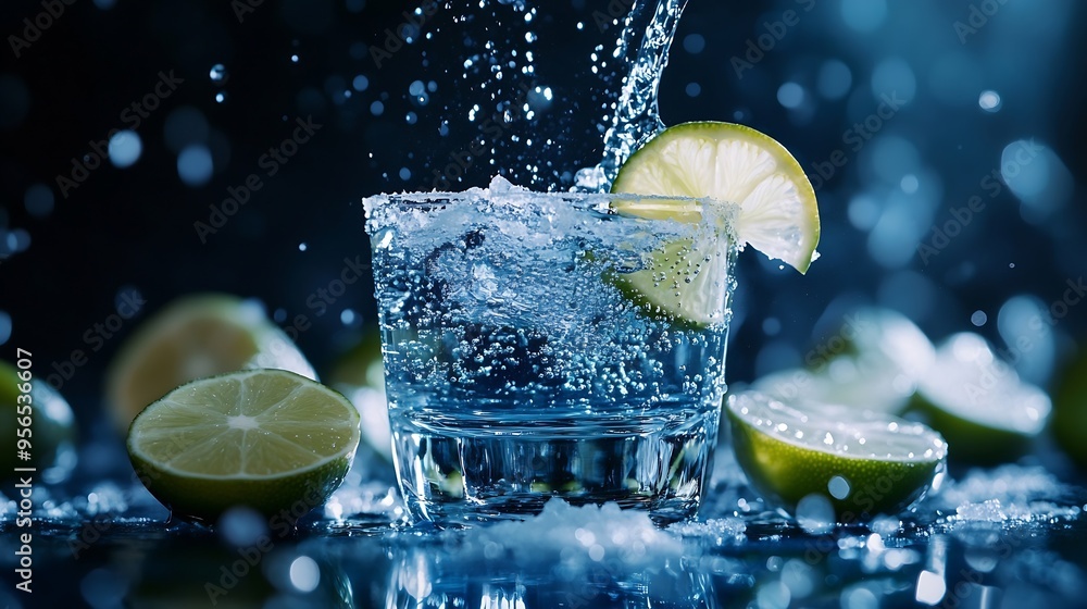 Poster tequila is poured into a glass tequila shots with lime slices and sea salt on a dark blue table : ge