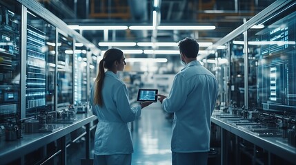 Factory Digitalization Two Industrial Engineers Use Tablet Computer Big Data Statistics Visualization Optimization of HighTech Electronics Facility Industry 40 Machinery Manufacturing  : Generative AI