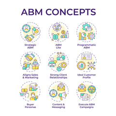 ABM multi color concept icons. Advertisement strategy, personalization. Targeted marketing. Icon pack. Vector images. Round shape illustrations for infographic, presentation. Abstract idea