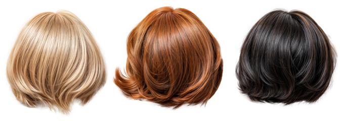 close-up collection of blonde, red, and black short bob wigs in back view isolated on a transparent background, perfect for hair styling, fashion design, and beauty product advertising