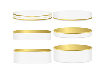 Set of 3D Realistic white and gold round podiums isolated on a white background. Two-layered platforms in white and gold for product display presentation. Vector Illustration.