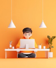 Fototapeta premium Boy Working on Computer, Community Manager Job, Minimalist Style