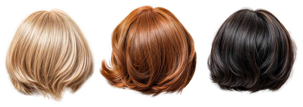 close-up collection of blonde, red, and black short bob wigs in back view isolated on a transparent background, perfect for hair styling, fashion design, and beauty product advertising