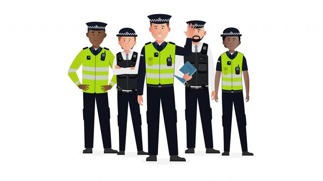 2D Illustrated police officers vector characters waving hand and smiling animation. On white background.	