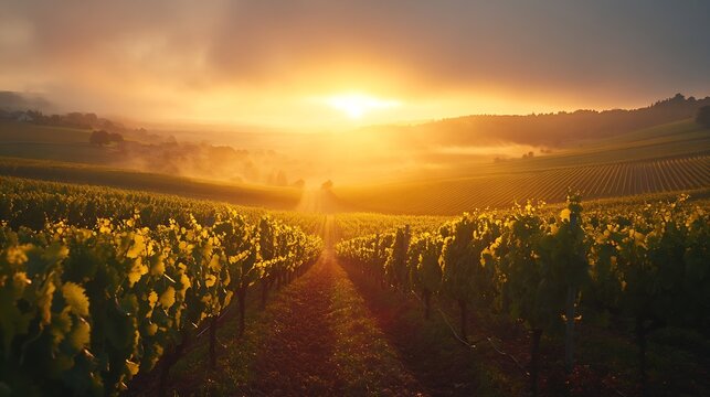 vineyard landscape Burgundy vineyard Vines in France Wine production Sunrise over vineyards The future of wine Viticulture : Generative AI