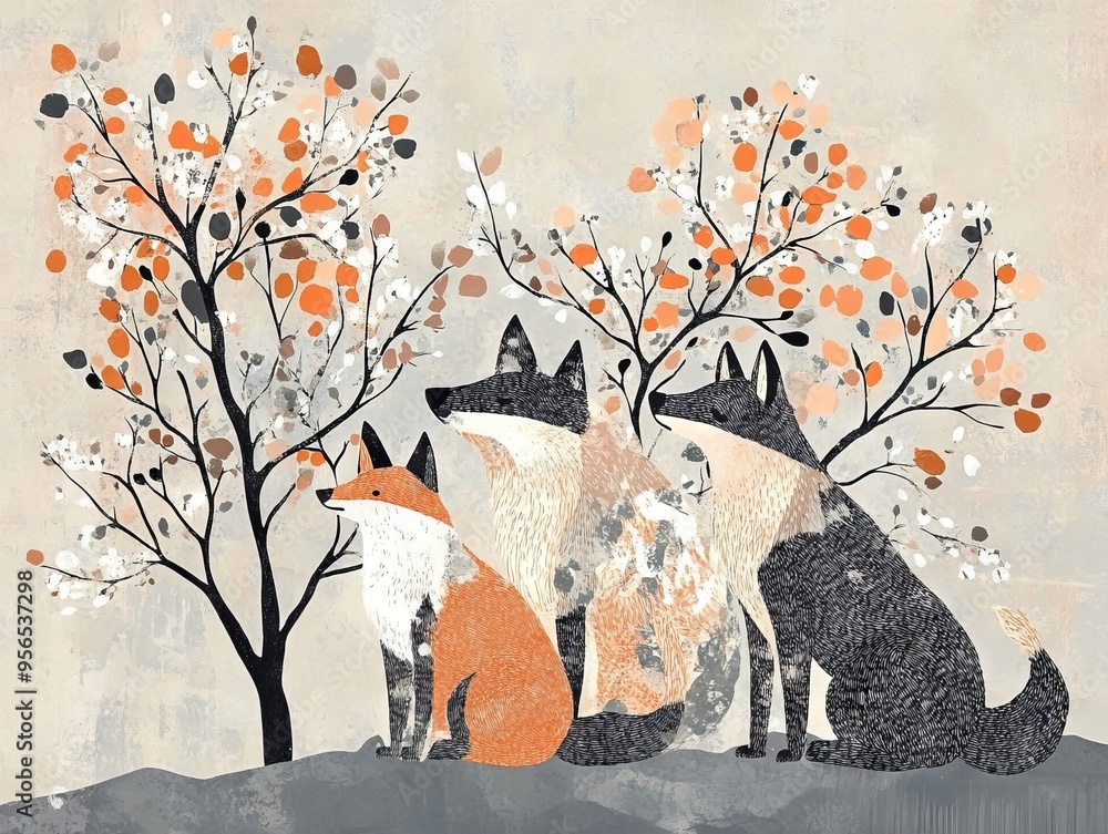 Wall mural Three Foxes in a Forest