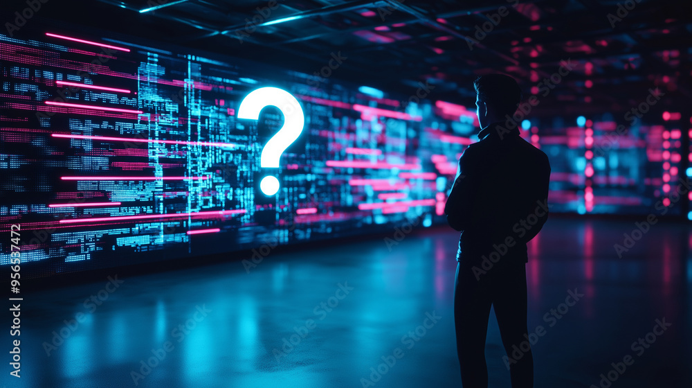 Poster a figure stands in a high-tech environment, with a holographic question mark floating in front of th