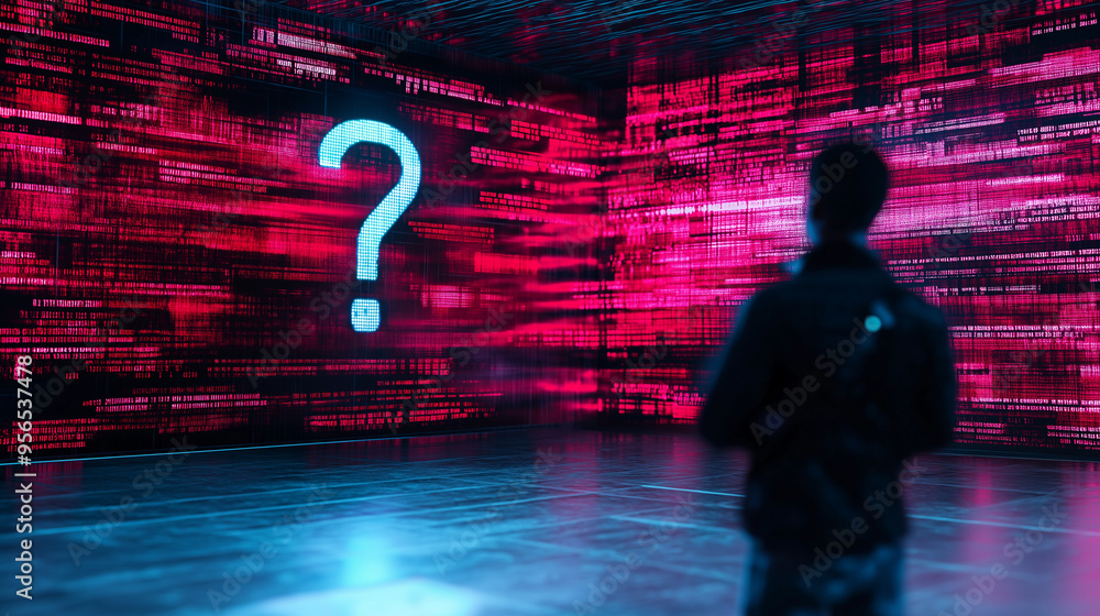 Poster a figure stands in a high-tech environment, with a holographic question mark floating in front of th