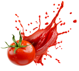 Fresh tomato with a dynamic splash of tomato juice isolated on a transparent background, perfect for food advertising, culinary designs, and product packaging