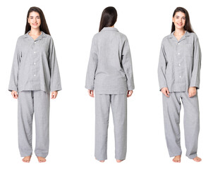 Woman in pajamas png mockup unisex sleepwear apparel full body set