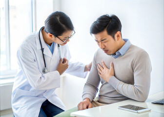 Obraz premium Female doctor in white uniform examines male asian patient with chest pain in clinic. Health care and medicine concept.