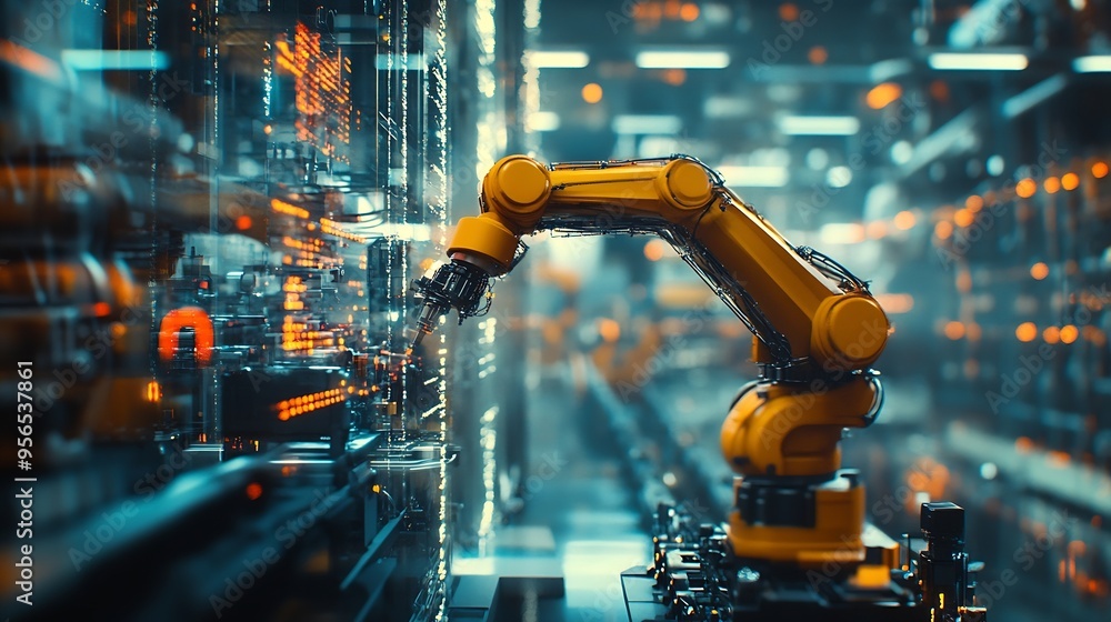 Fototapete MLB Mechanized industry robot arm and factory worker double exposure Concept of robotics technology for industrial revolution and automated manufacturing process : Generative AI