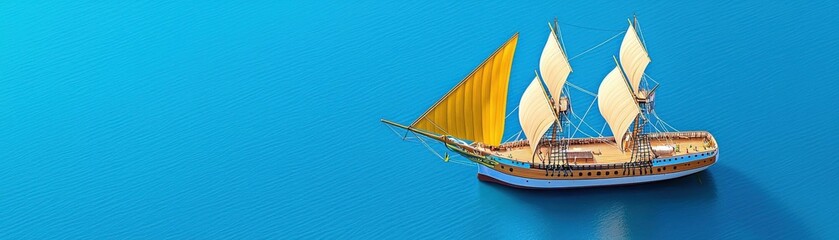 Naklejka premium Heritage ship, flat design, top view, maritime history theme, 3D render, Triadic Color Scheme