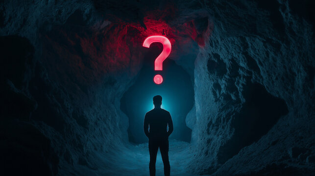 A man stands at the entrance of a dark cave, with a glowing question mark hovering above, representing the unknown dangers ahead.