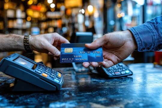 Hands of two individuals exchanging a credit card over a payment counter, showing a point of sale terminal in a store environment, highlighting a commercial transaction.
