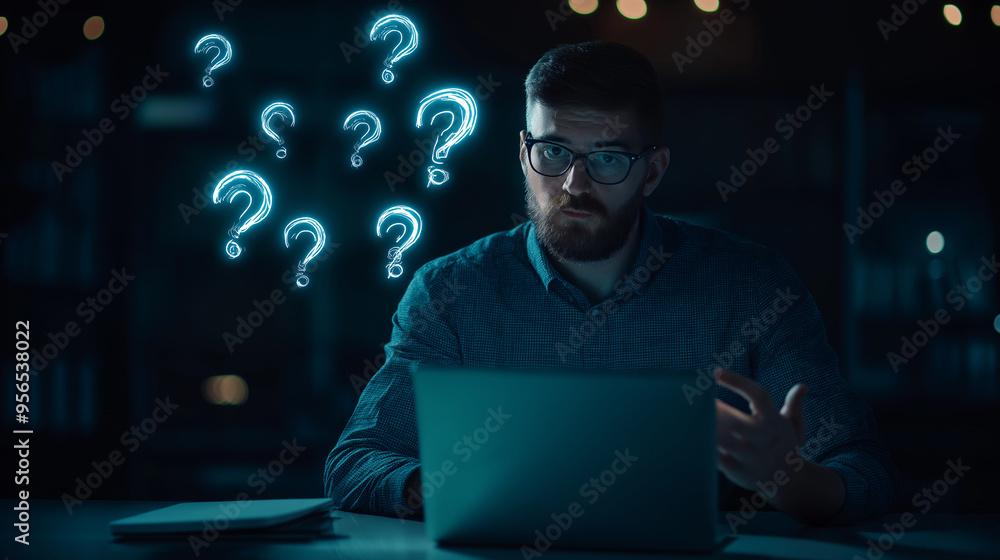 Poster a man in a modern office types on a sleek laptop, with glowing question marks floating above the key