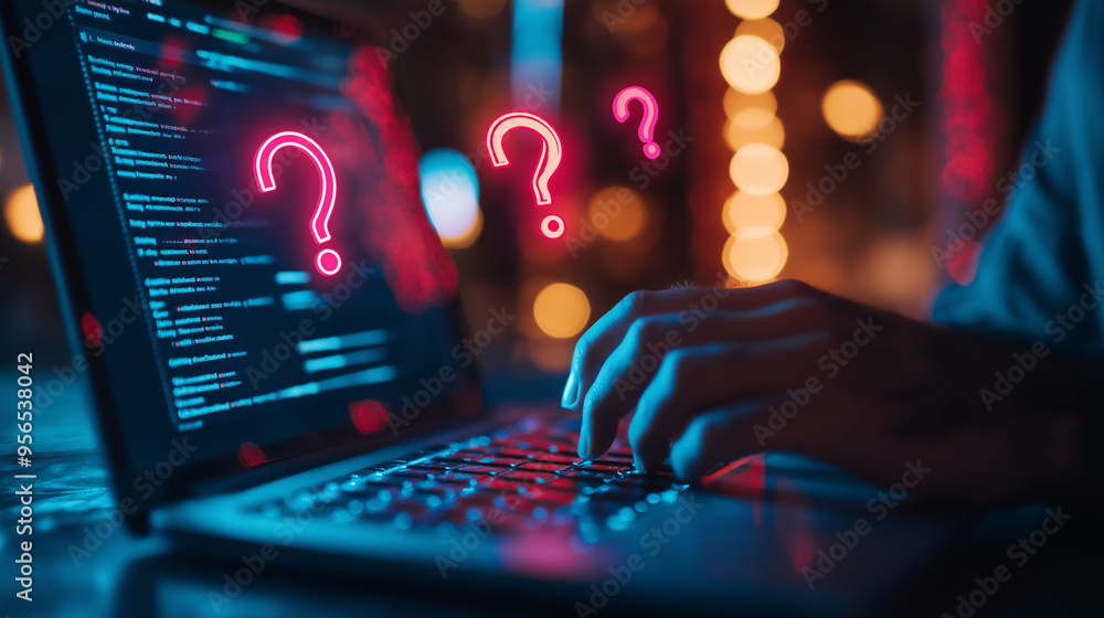 Poster a close-up of a man's hands typing on a laptop, with neon question marks hovering just above the key