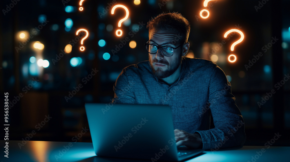 Poster a man in a modern office types on a sleek laptop, with glowing question marks floating above the key