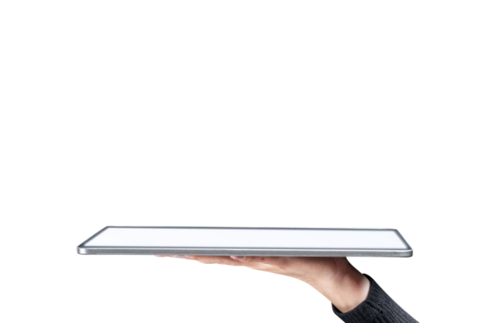 Png hand presenting invisible hologram projecting from tablet advanced technology